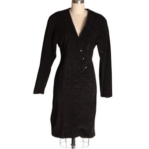 Vintage Betmani Black Suede Leather Long Dolman Sleeve Snap Front Deep C Dress M